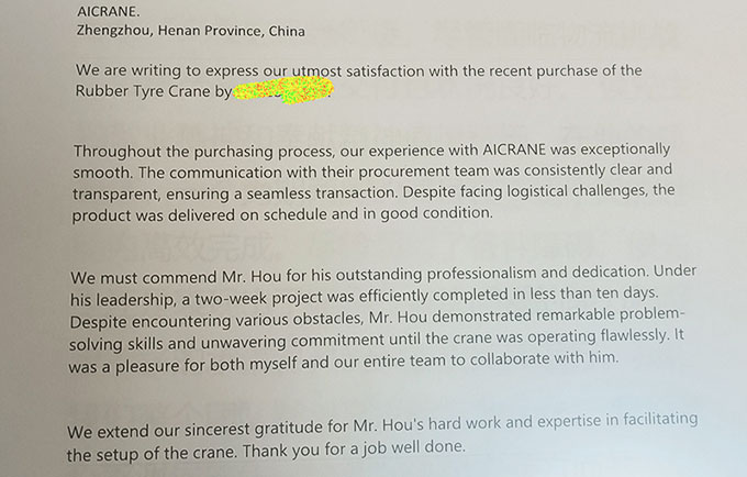 Customer testimonial for 40 ton rubber tyred gantry crane used in USA steel tank manufacturing plant