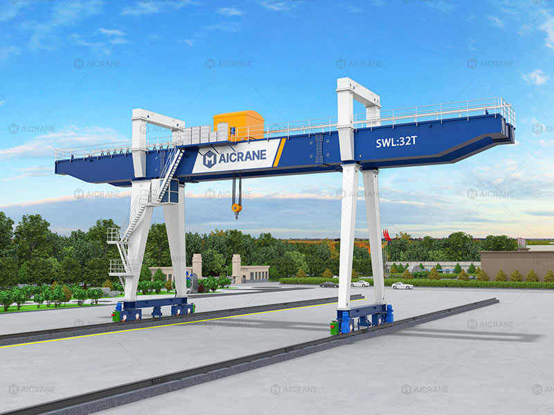 Large double girder gantry crane with cantilevers for extended loading coverage
