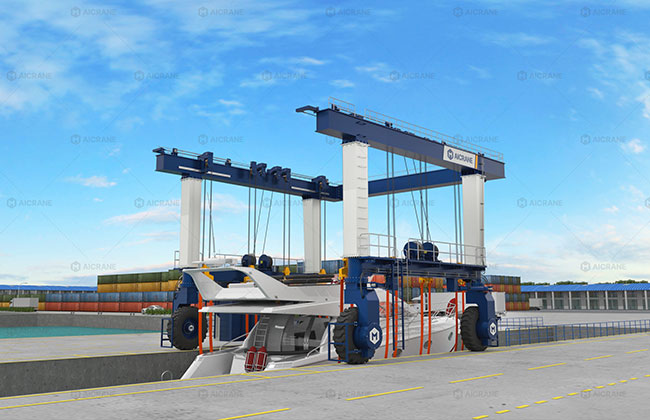 Mobile boat travel lift lifting a yacht in a shipyard for launching