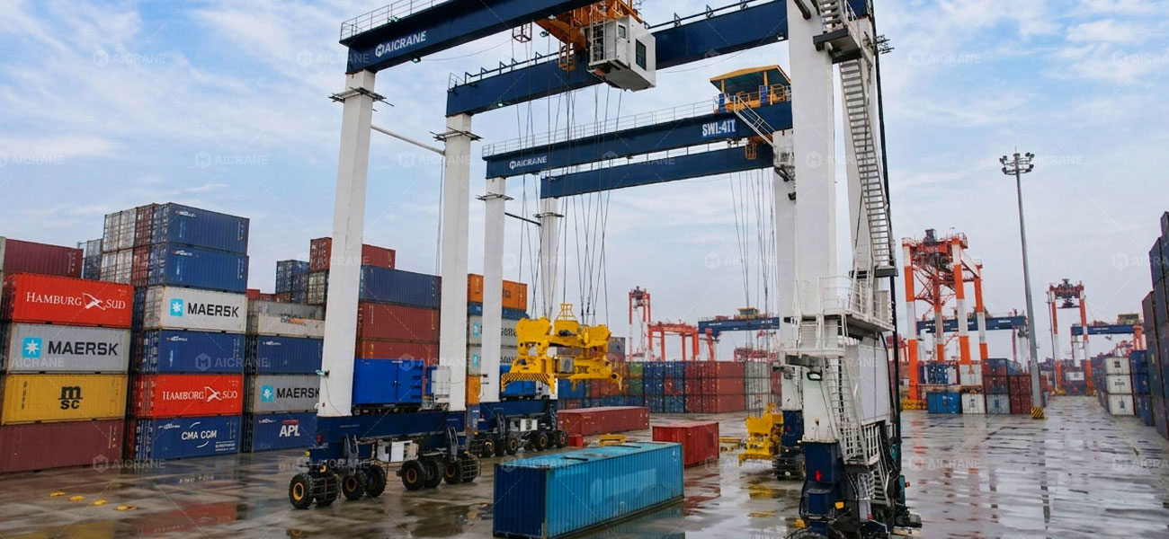 RTG crane handling container stacking in a port terminal yard.