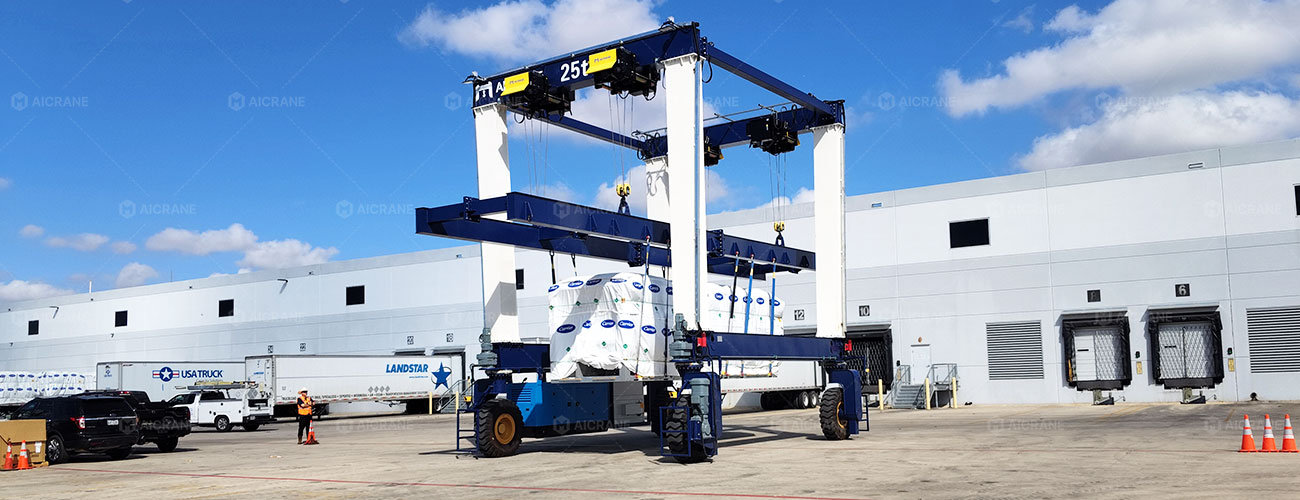 25 ton RTG crane lifting precision equipment in a US logistics yard