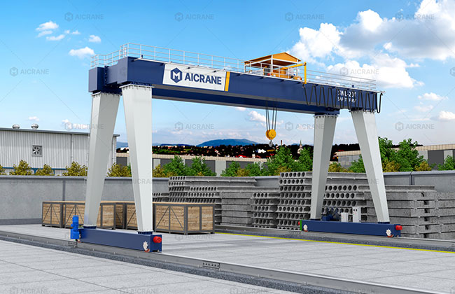 Double girder gantry crane for heavy manufacturing and precast concrete handling