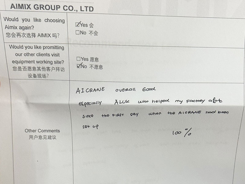 Customer feedback for Aicrane single girder gantry crane project in Indonesia