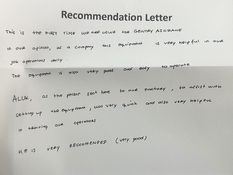 Handwritten customer appreciation letter for Aicrane gantry crane installation in Indonesia
