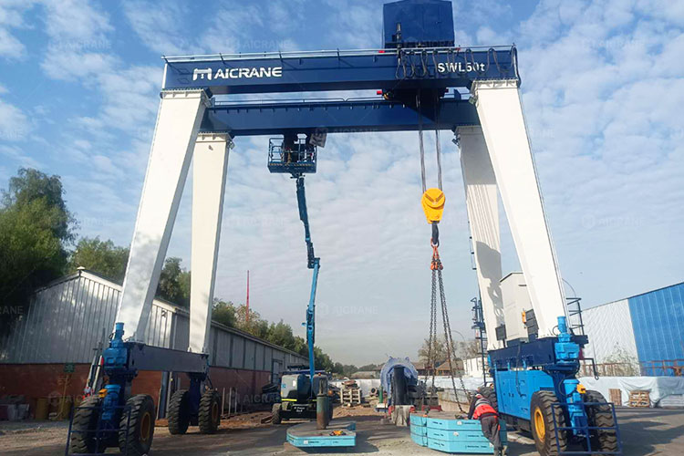 Heavy-duty RTG crane lifting large industrial components