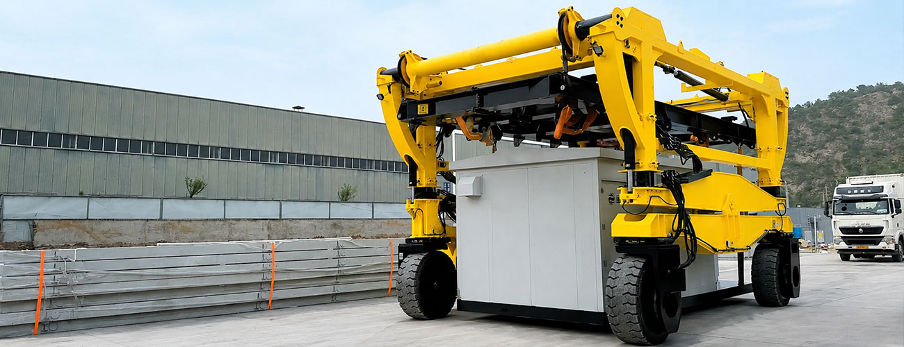 Industrial logistics yard handling containers and heavy cargo in a manufacturing environment