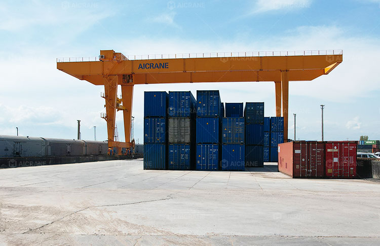 RMG crane handling containers in an intermodal logistics yard