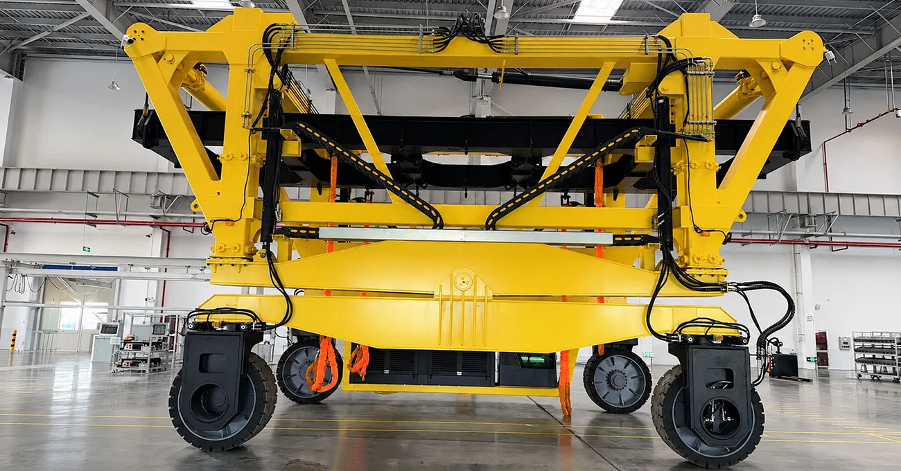 Straddle carrier lifting, transporting, and stacking heavy loads for container and industrial material handling