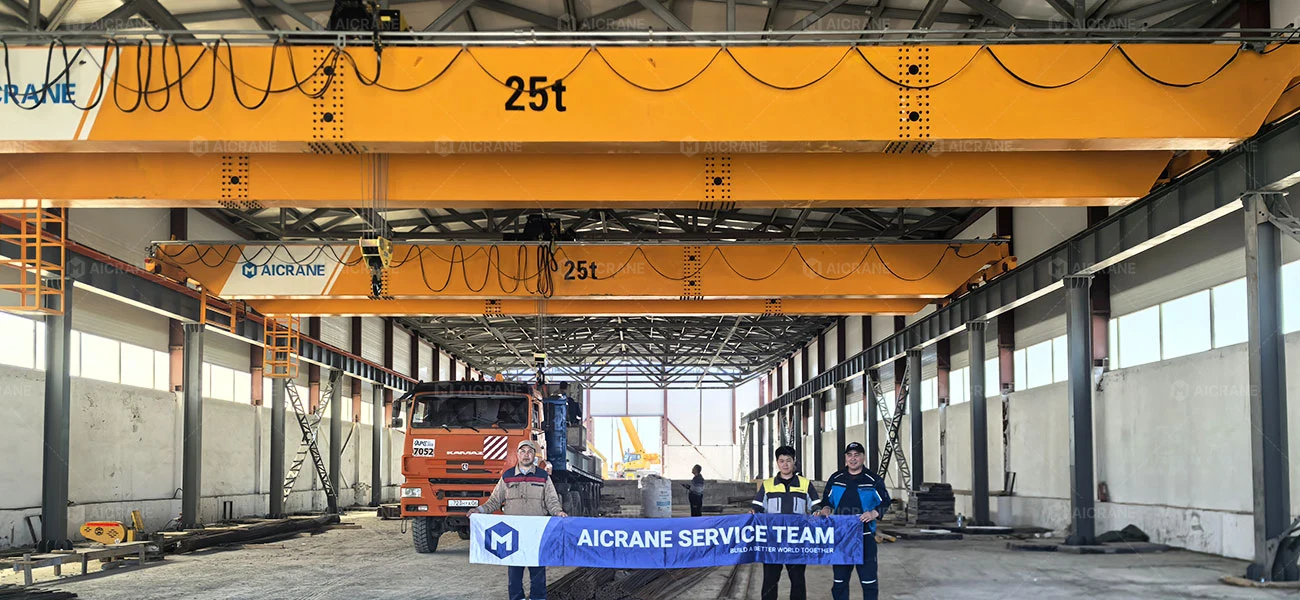 Two 25 ton double girder overhead cranes installed in a precast concrete workshop in Kazakhstan