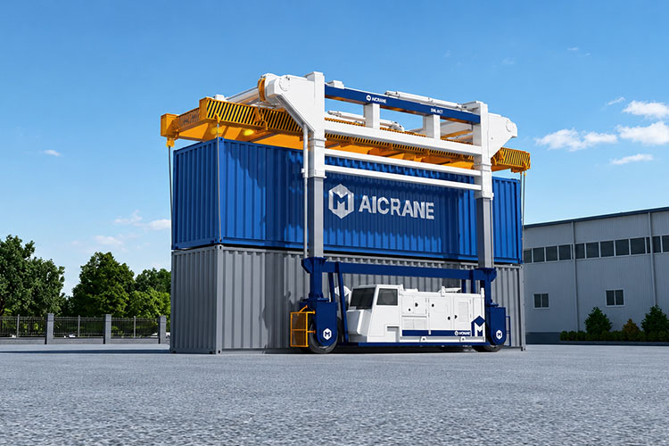 Rubber tyred straddle carrier stacking containers