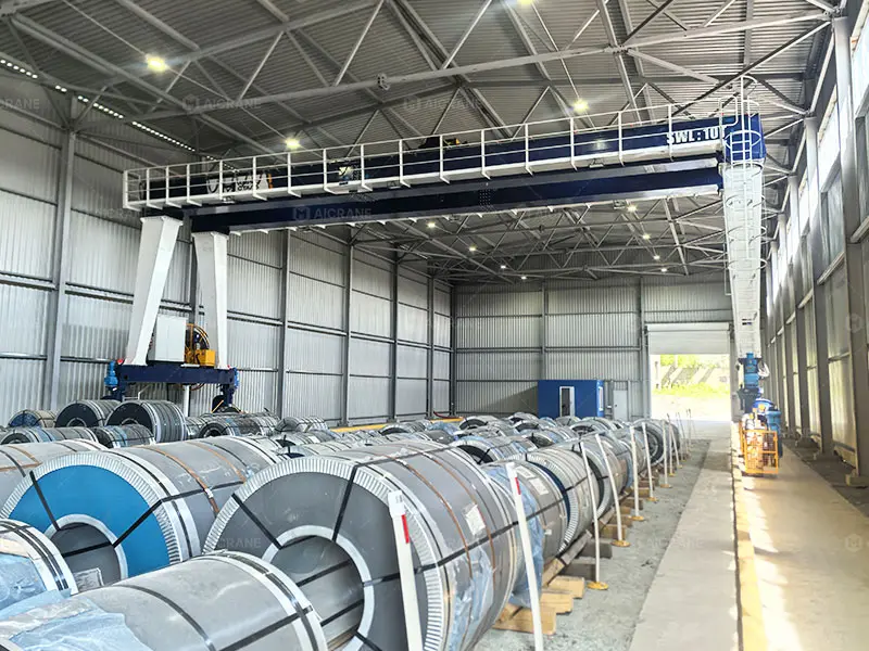 MGT 10 ton rubber tyred gantry crane handling steel coils in the storage area