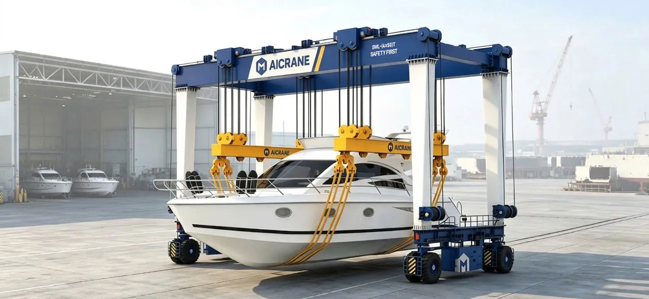 YTL hydraulic rubber tyred gantry crane lifting and transporting yachts in a coastal shipyard